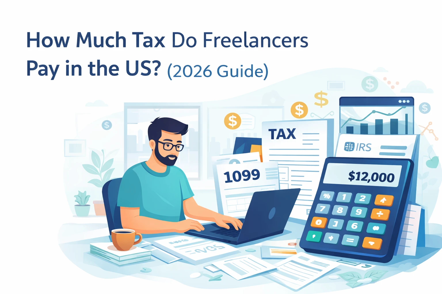 Freelancer calculating US taxes on laptop with 1099 form and tax calculator illustration